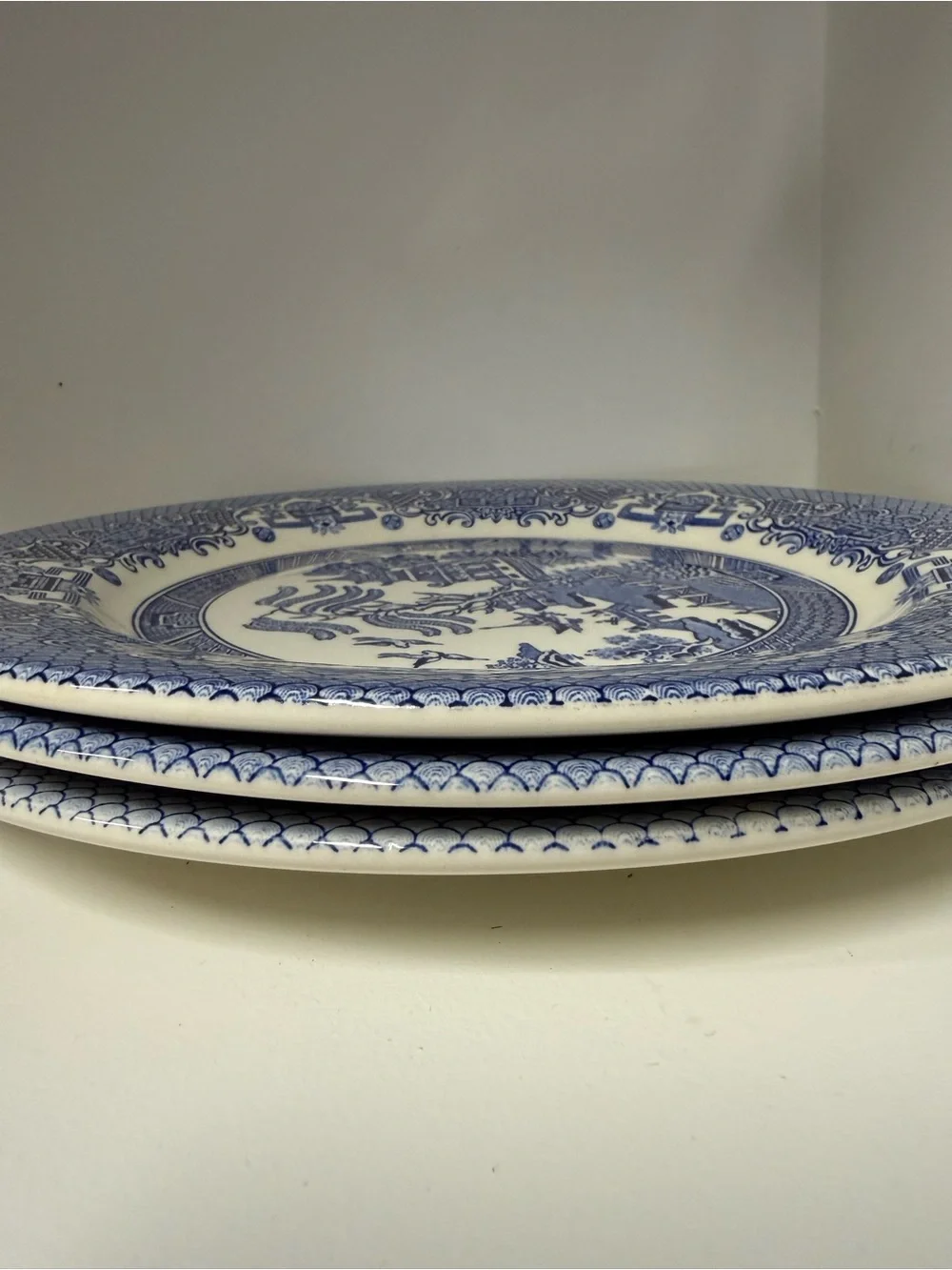 Three Vintage Blue and White Dinner Plate Blue Willow Pattern by England 10in